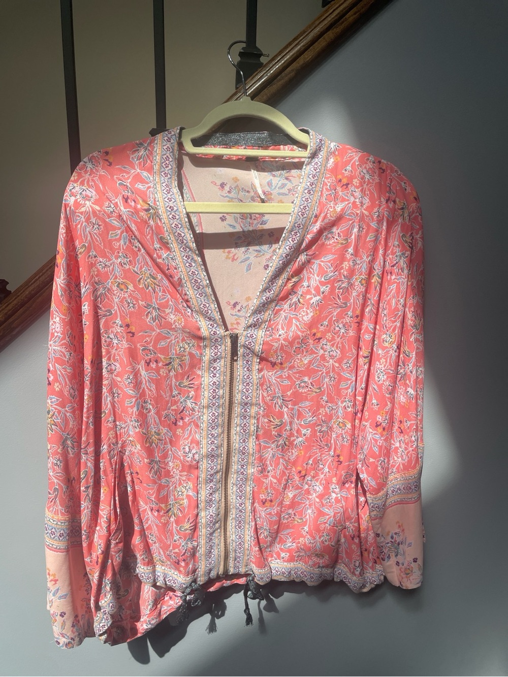 Free People Coral Floral Boho Zip-Front Blouse